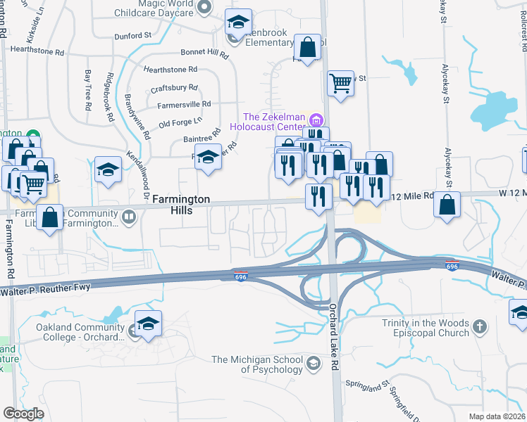 map of restaurants, bars, coffee shops, grocery stores, and more near 27542 Echo Valley West in Farmington Hills