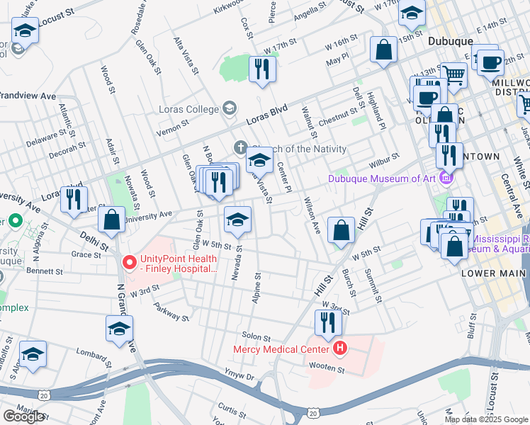 map of restaurants, bars, coffee shops, grocery stores, and more near 670 Alpine Street in Dubuque