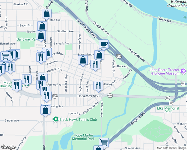 map of restaurants, bars, coffee shops, grocery stores, and more near 136 Hartman Avenue in Waterloo