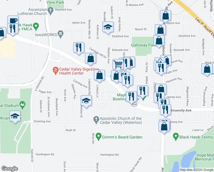 map of restaurants, bars, coffee shops, grocery stores, and more near 1110 Doreen Avenue in Waterloo