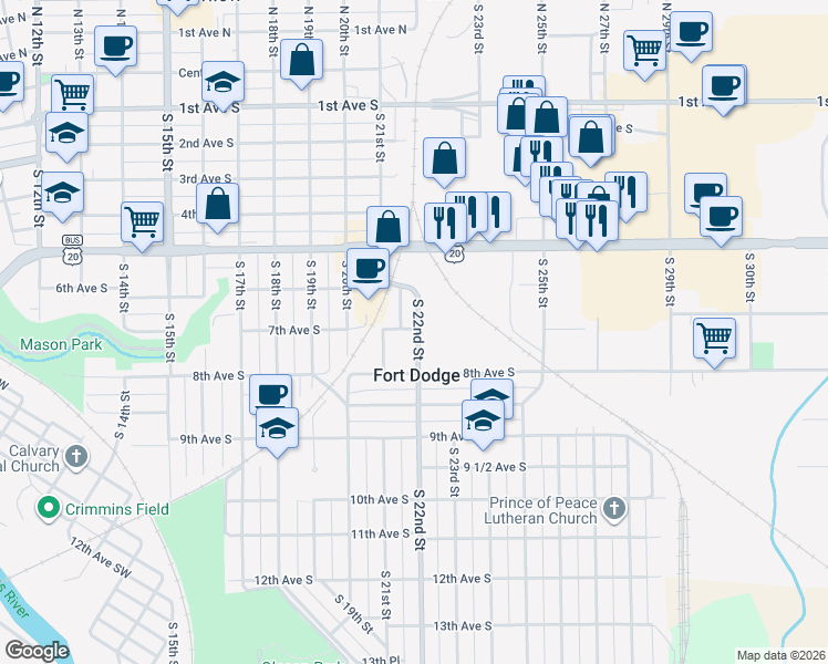 map of restaurants, bars, coffee shops, grocery stores, and more near in Fort Dodge