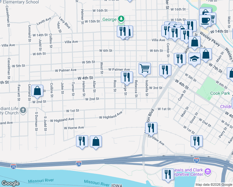 map of restaurants, bars, coffee shops, grocery stores, and more near 1500-1598 W 2nd St in Sioux City