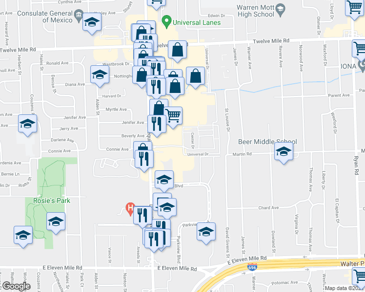 map of restaurants, bars, coffee shops, grocery stores, and more near 28186 Universal Drive in Warren