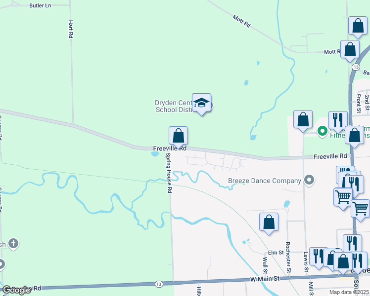 map of restaurants, bars, coffee shops, grocery stores, and more near 163 Freeville Road in Dryden