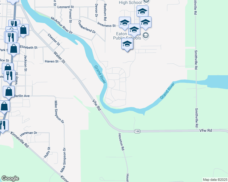 map of restaurants, bars, coffee shops, grocery stores, and more near 1707 Grand River Drive in Eaton Rapids