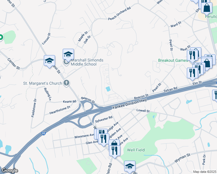 map of restaurants, bars, coffee shops, grocery stores, and more near 26 Beacon Village in Burlington