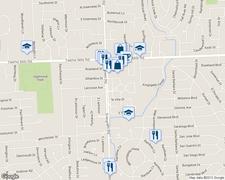 map of restaurants, bars, coffee shops, grocery stores, and more near 28537 North Regent Court in Southfield
