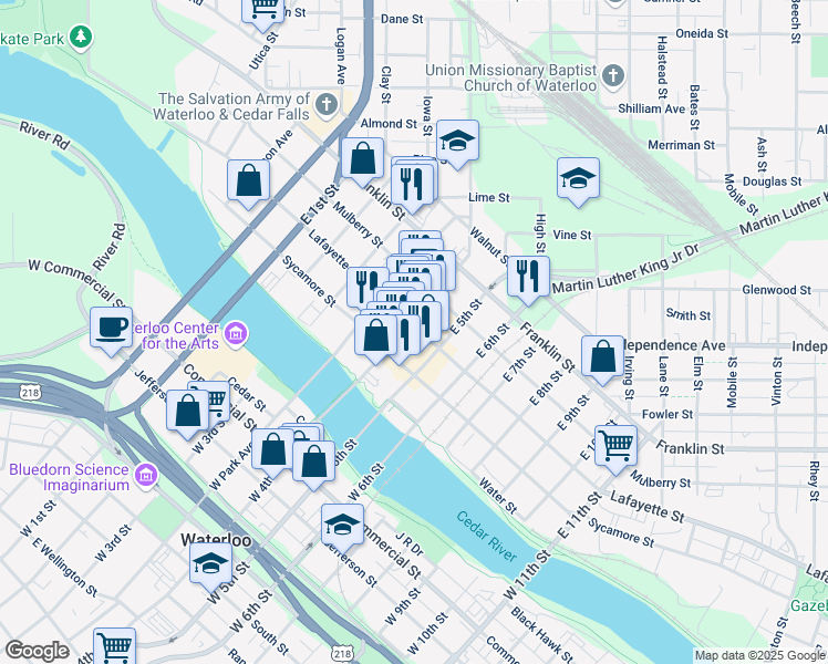 map of restaurants, bars, coffee shops, grocery stores, and more near 226 East 4th Street in Waterloo