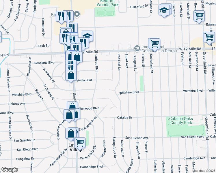 map of restaurants, bars, coffee shops, grocery stores, and more near 17360 Wiltshire Boulevard in Southfield