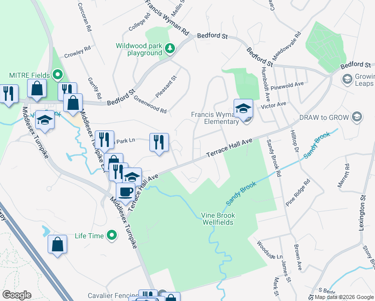 map of restaurants, bars, coffee shops, grocery stores, and more near 3 Cranberry Lane in Burlington