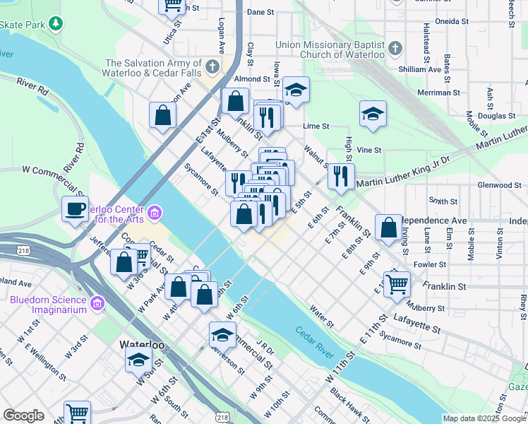 map of restaurants, bars, coffee shops, grocery stores, and more near 222 Lafayette Street in Waterloo