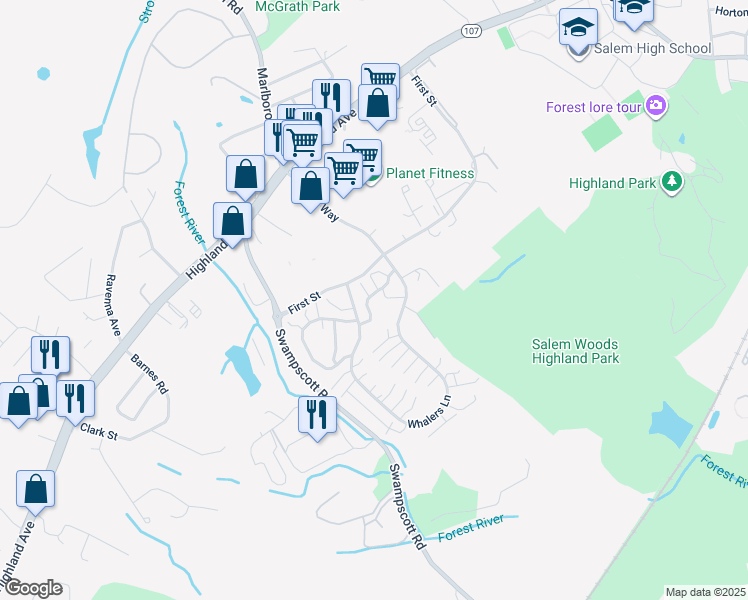 map of restaurants, bars, coffee shops, grocery stores, and more near 35 Aurora Lane in Salem