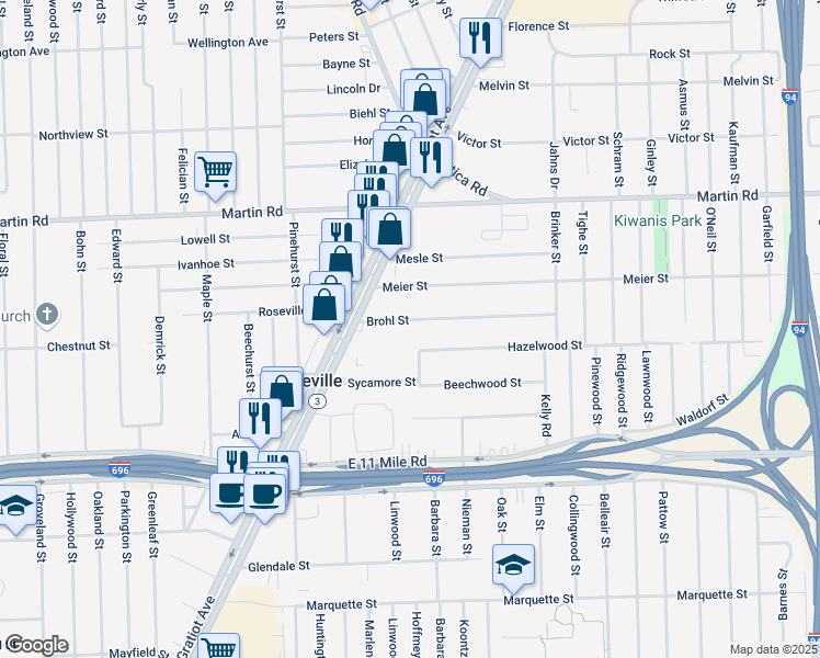 map of restaurants, bars, coffee shops, grocery stores, and more near 18253 Brohl Street in Roseville