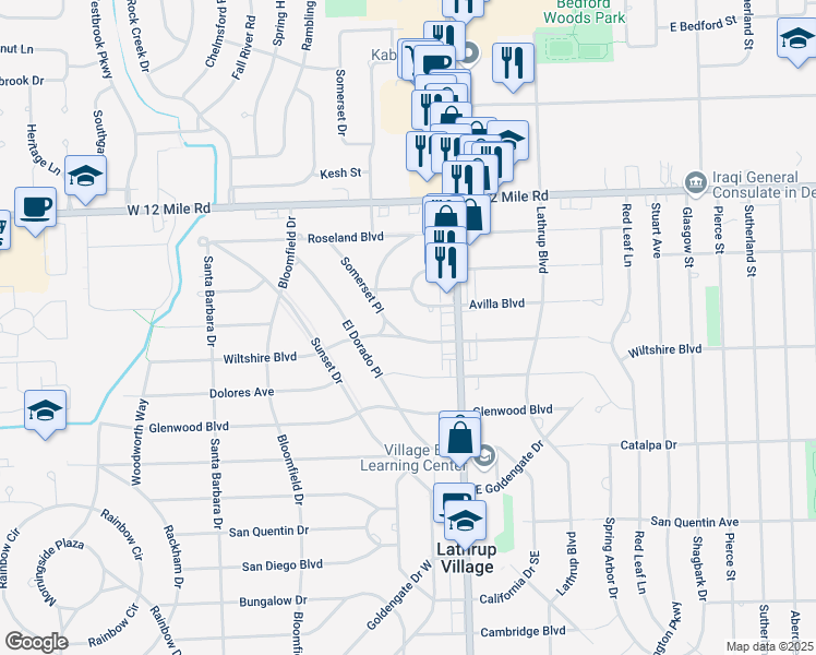 map of restaurants, bars, coffee shops, grocery stores, and more near 18187 Avilla Boulevard in Lathrup Village