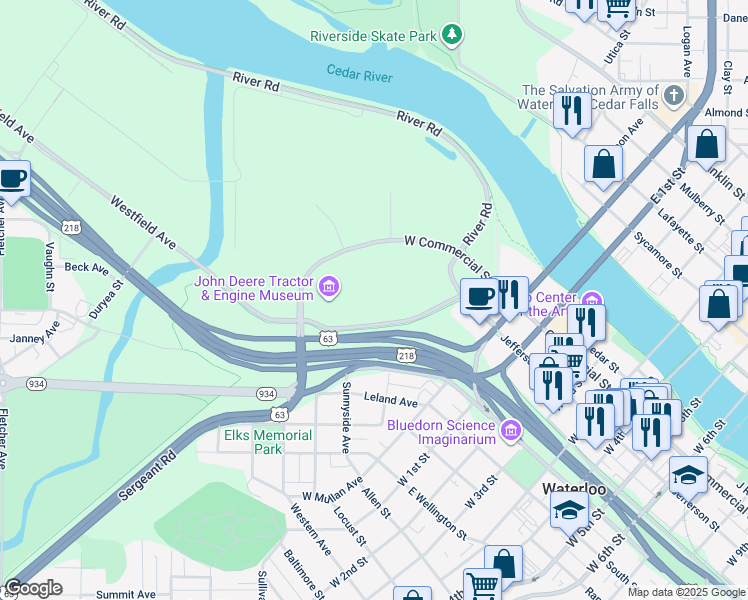 map of restaurants, bars, coffee shops, grocery stores, and more near 360 Westfield Avenue in Waterloo