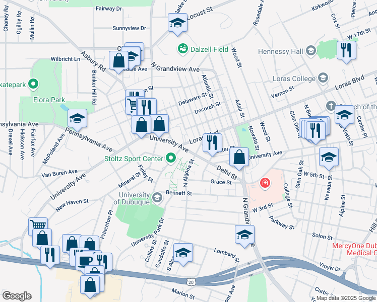 map of restaurants, bars, coffee shops, grocery stores, and more near 2000 University Avenue in Dubuque