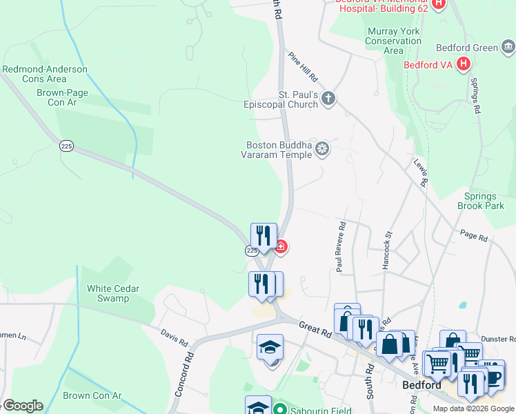 map of restaurants, bars, coffee shops, grocery stores, and more near 104 North Road in Bedford
