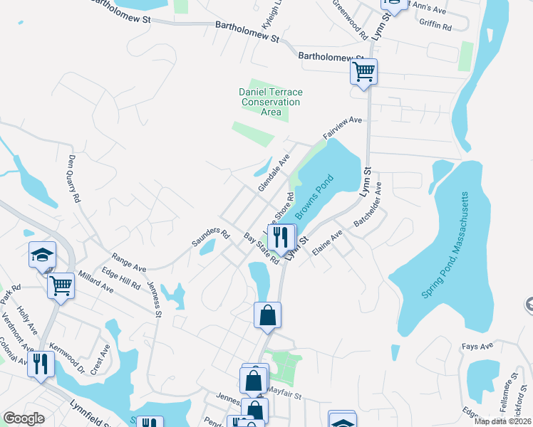 map of restaurants, bars, coffee shops, grocery stores, and more near 43 Glendale Avenue in Peabody