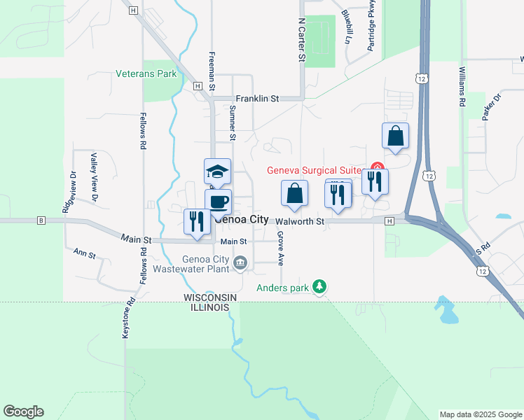 map of restaurants, bars, coffee shops, grocery stores, and more near 403 South Wisconsin Street in Genoa City