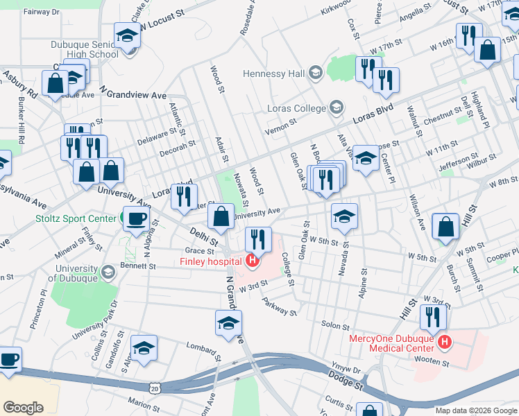 map of restaurants, bars, coffee shops, grocery stores, and more near 1120 Wood Street in Dubuque