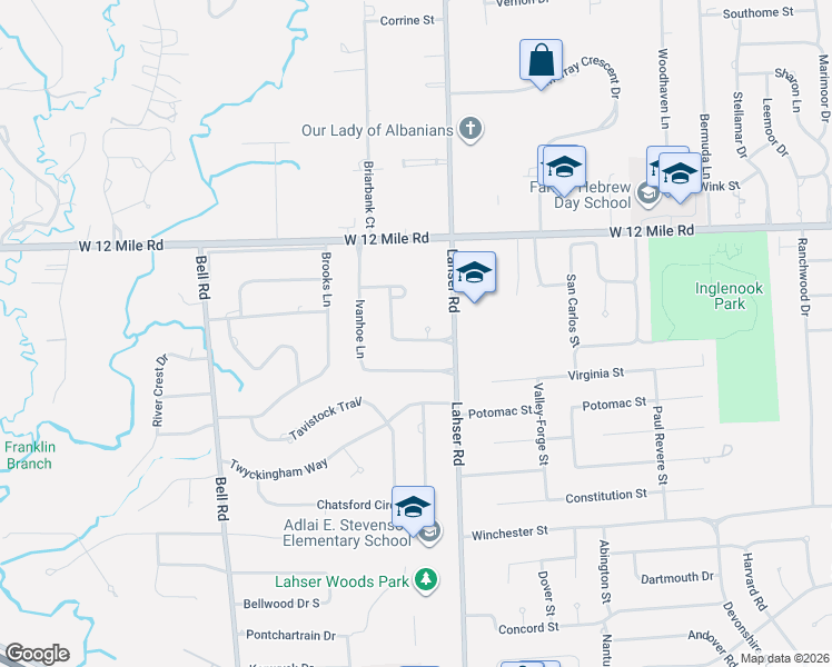 map of restaurants, bars, coffee shops, grocery stores, and more near 22448 Hallcroft Trail in Southfield