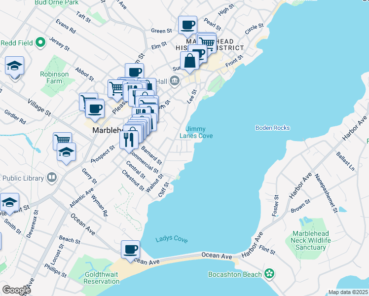 map of restaurants, bars, coffee shops, grocery stores, and more near 44 Gregory Street in Marblehead