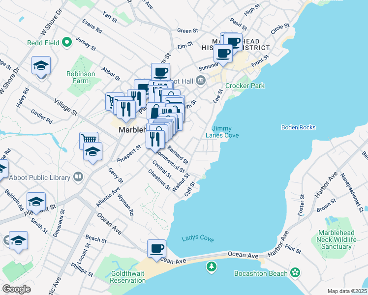 map of restaurants, bars, coffee shops, grocery stores, and more near 1 Roundys Hill in Marblehead