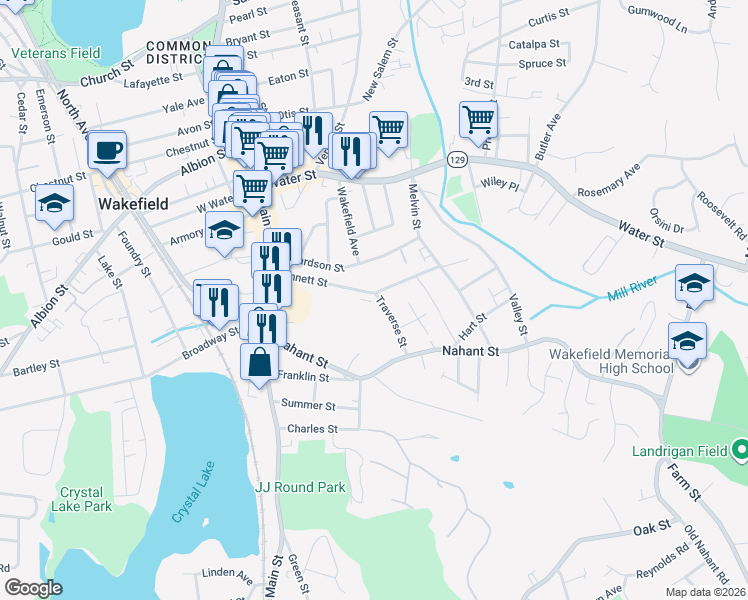 map of restaurants, bars, coffee shops, grocery stores, and more near 53 Bennett Street in Wakefield