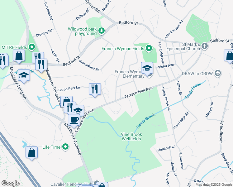 map of restaurants, bars, coffee shops, grocery stores, and more near 66 Washington Avenue in Burlington