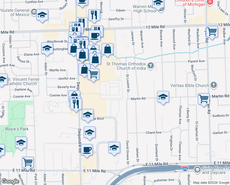 map of restaurants, bars, coffee shops, grocery stores, and more near 28198 Universal Dr C in Warren