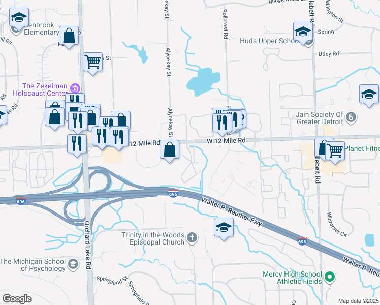 map of restaurants, bars, coffee shops, grocery stores, and more near 30049-30099 Twelve Mile Road in Farmington Hills