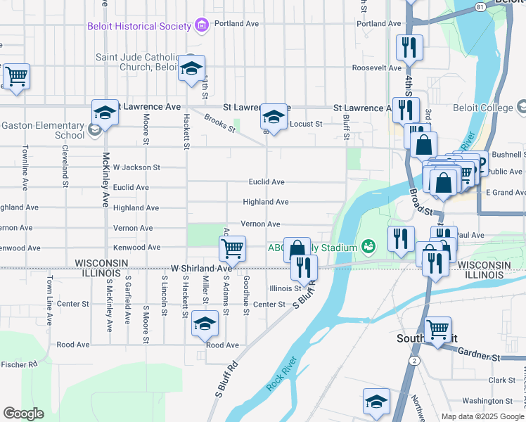 map of restaurants, bars, coffee shops, grocery stores, and more near 723 Highland Avenue in Beloit