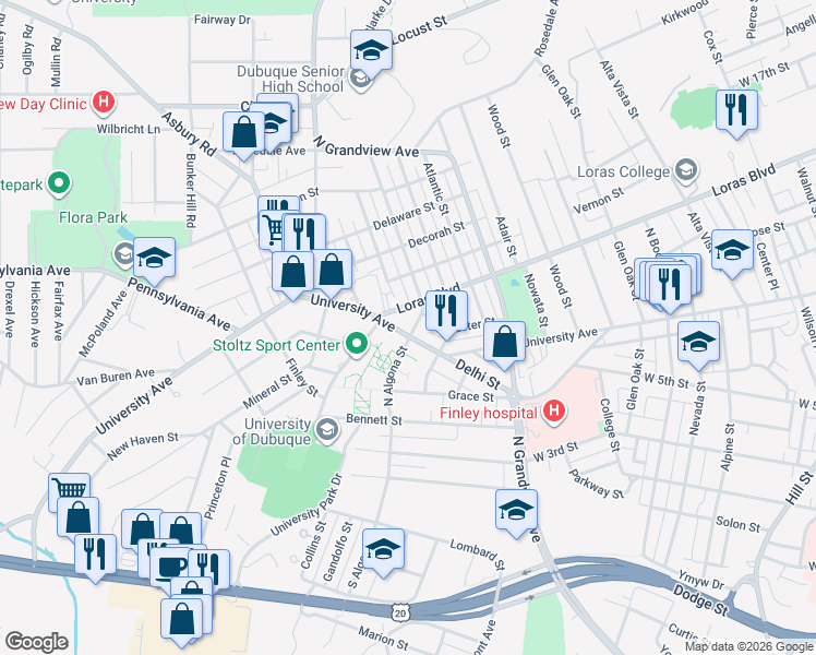 map of restaurants, bars, coffee shops, grocery stores, and more near 1882 Loras Boulevard in Dubuque