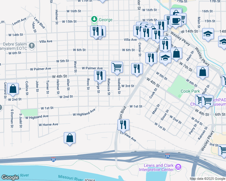 map of restaurants, bars, coffee shops, grocery stores, and more near 1311 West 3rd Street in Sioux City