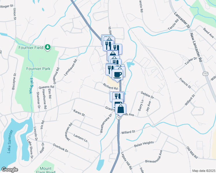 map of restaurants, bars, coffee shops, grocery stores, and more near Richard Road in Leominster