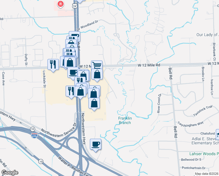 map of restaurants, bars, coffee shops, grocery stores, and more near 28733 Franklin River Drive in Southfield