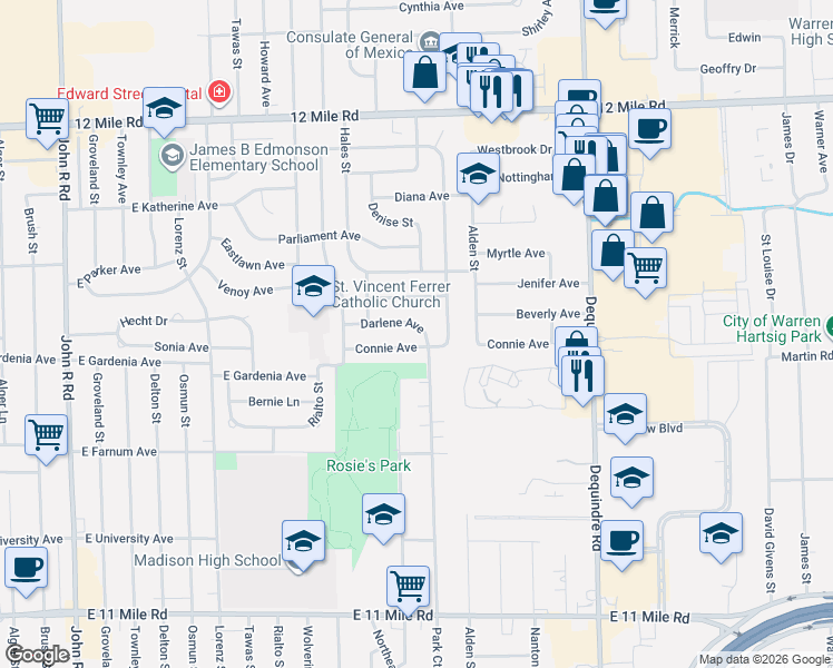 map of restaurants, bars, coffee shops, grocery stores, and more near 1298 Darlene Avenue in Madison Heights