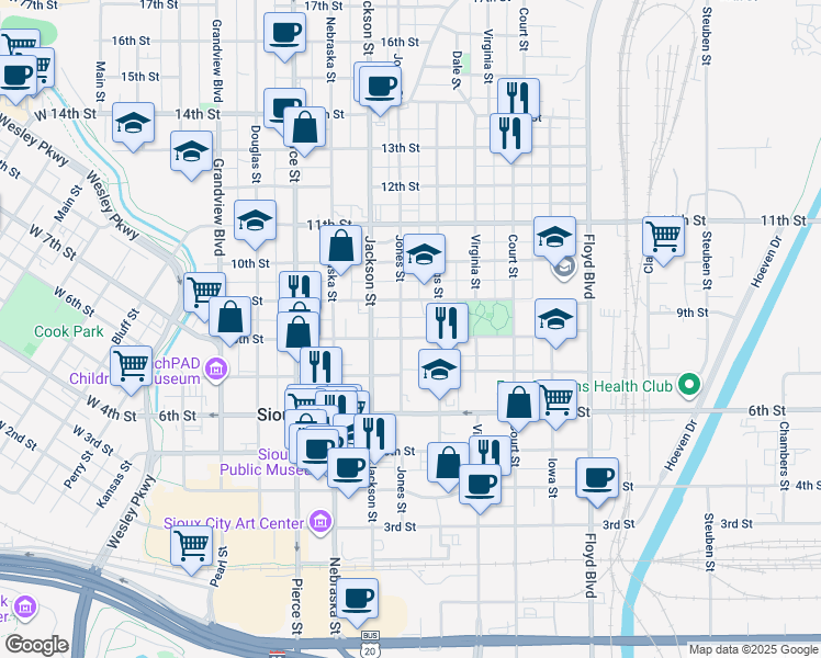 map of restaurants, bars, coffee shops, grocery stores, and more near 801 8th Street in Sioux City
