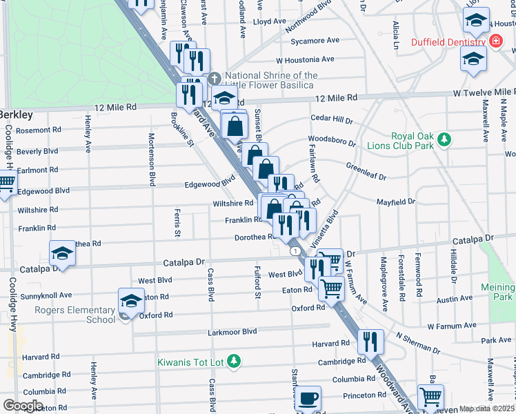 map of restaurants, bars, coffee shops, grocery stores, and more near 28655 Woodward Avenue in Berkley