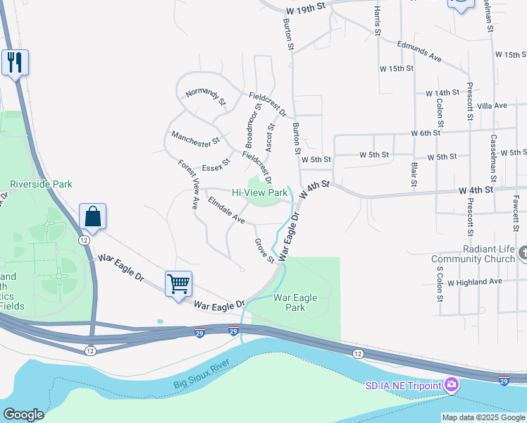 map of restaurants, bars, coffee shops, grocery stores, and more near 3632-3698 Fieldcrest Drive in Sioux City
