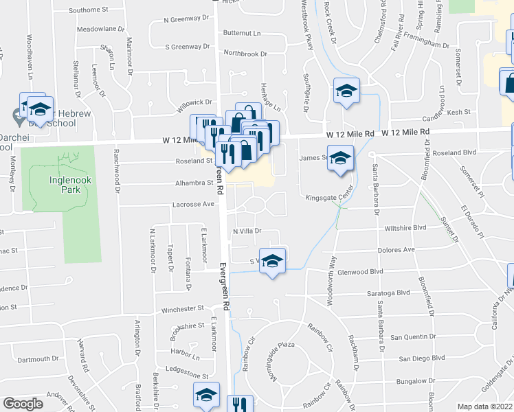 map of restaurants, bars, coffee shops, grocery stores, and more near 28642 North Lowell Court in Southfield