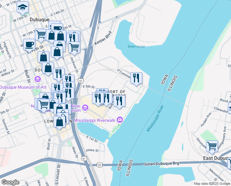 map of restaurants, bars, coffee shops, grocery stores, and more near 501 Bell Street in Dubuque