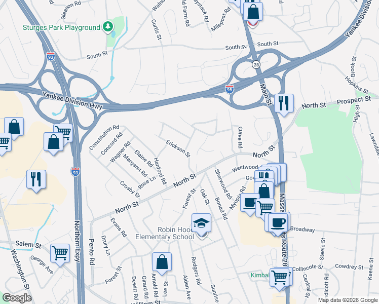 map of restaurants, bars, coffee shops, grocery stores, and more near 7 Arlene Avenue in Stoneham