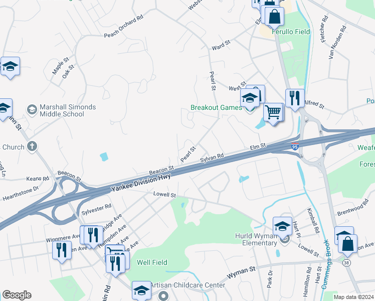 map of restaurants, bars, coffee shops, grocery stores, and more near 8 Westgate Drive in Woburn