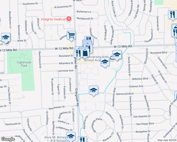 map of restaurants, bars, coffee shops, grocery stores, and more near 28642 North Lowell Court in Southfield