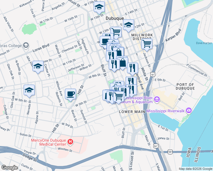 map of restaurants, bars, coffee shops, grocery stores, and more near 731 Bluff Street in Dubuque