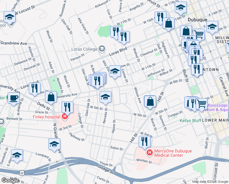 map of restaurants, bars, coffee shops, grocery stores, and more near in Dubuque