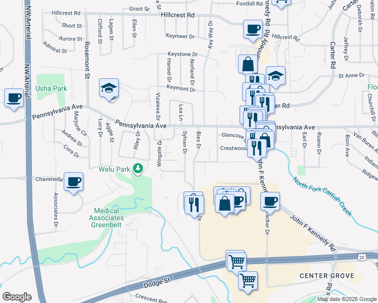 map of restaurants, bars, coffee shops, grocery stores, and more near 1501 Sylvan Drive in Dubuque