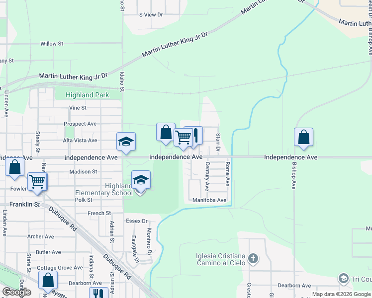 map of restaurants, bars, coffee shops, grocery stores, and more near 1403 Bowers Street in Waterloo