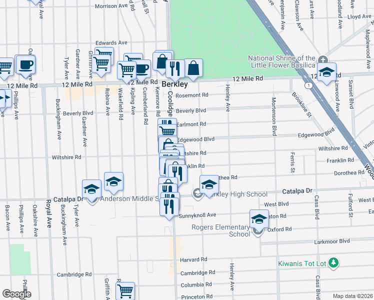 map of restaurants, bars, coffee shops, grocery stores, and more near 2411 Edgewood Boulevard in Berkley